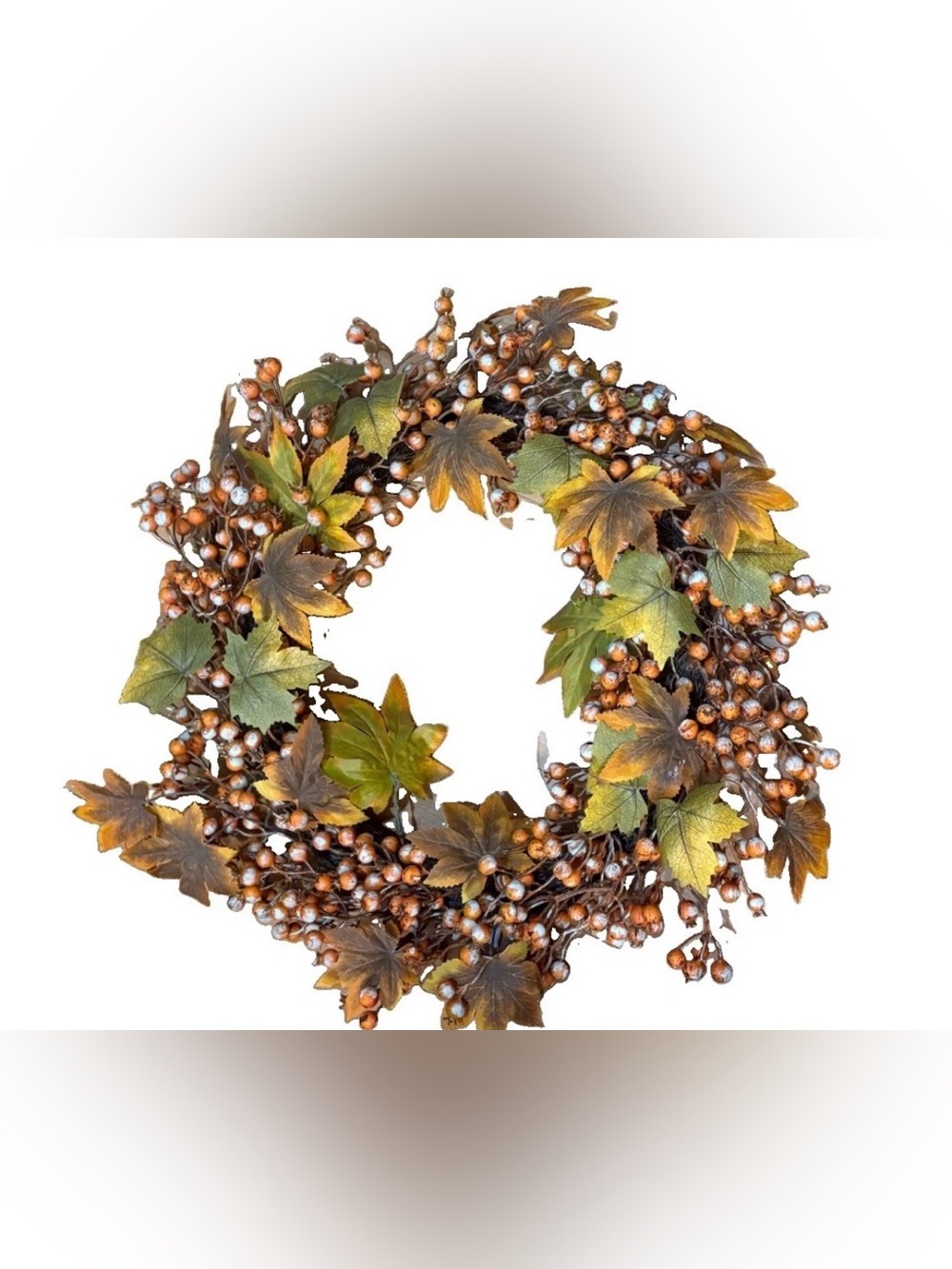 🔥🏷️Fall Harvest Wreath 22" Grapevine Orange Berries Maple Leaves Autumn Decor